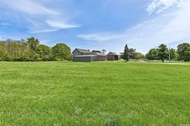 a view of a grassy field with trees in the background