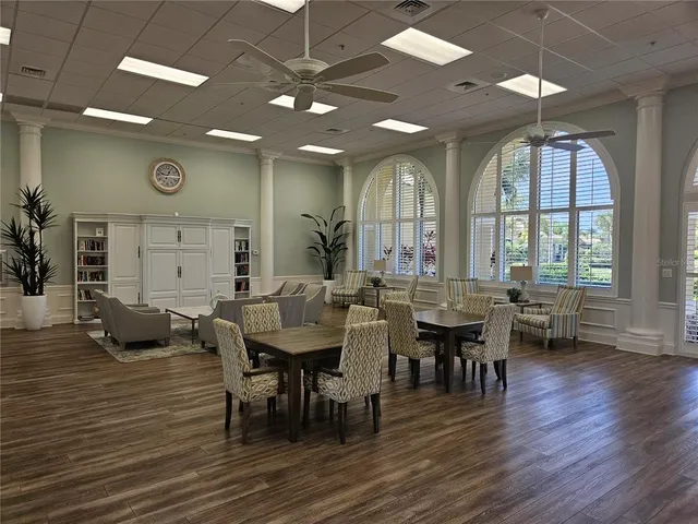 a view of a dining room with furniture