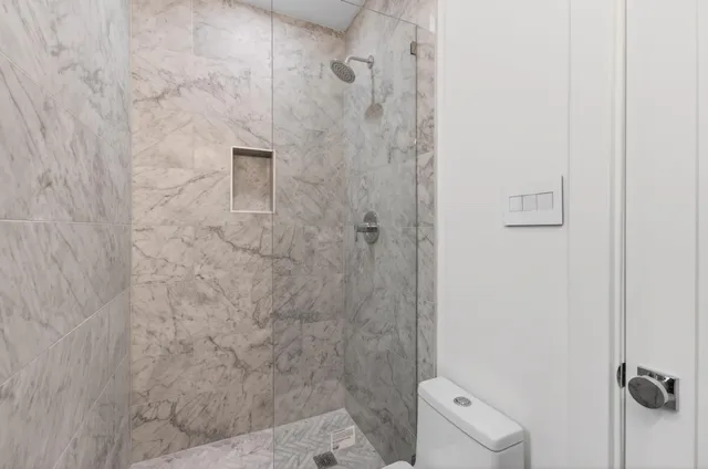 a bathroom with a shower and toilet