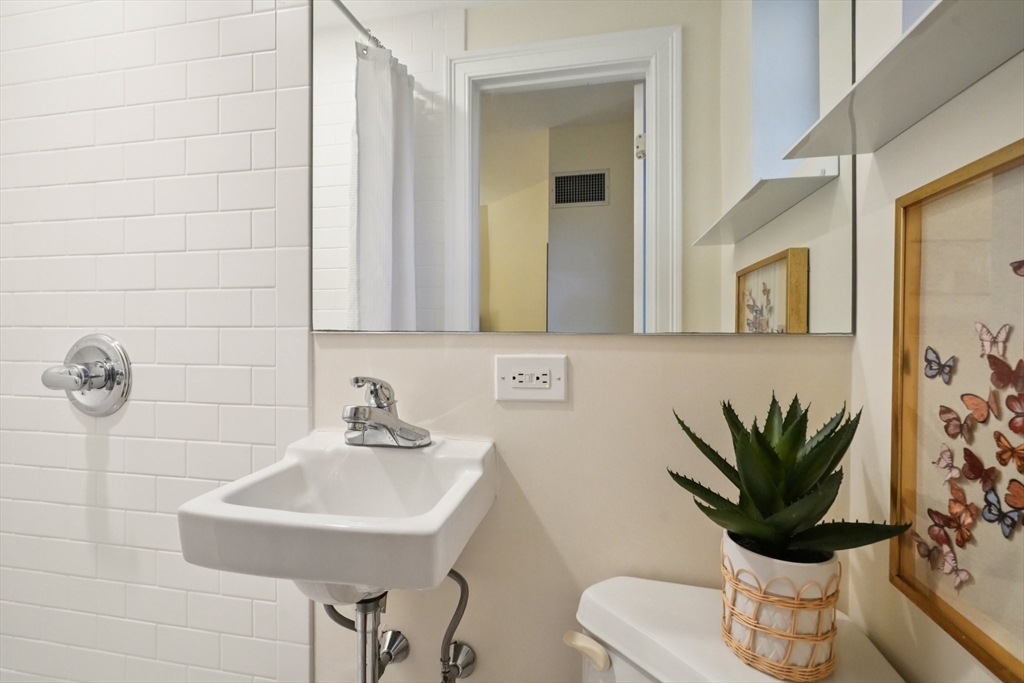 20 Chapel Street, Unit B811 Brookline, MA 02446 - Photo 19 of 41 a bathroom with a sink a mirror and a potted plant