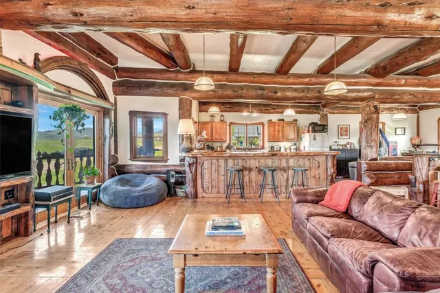 a living room with lots of furniture and a chandelier