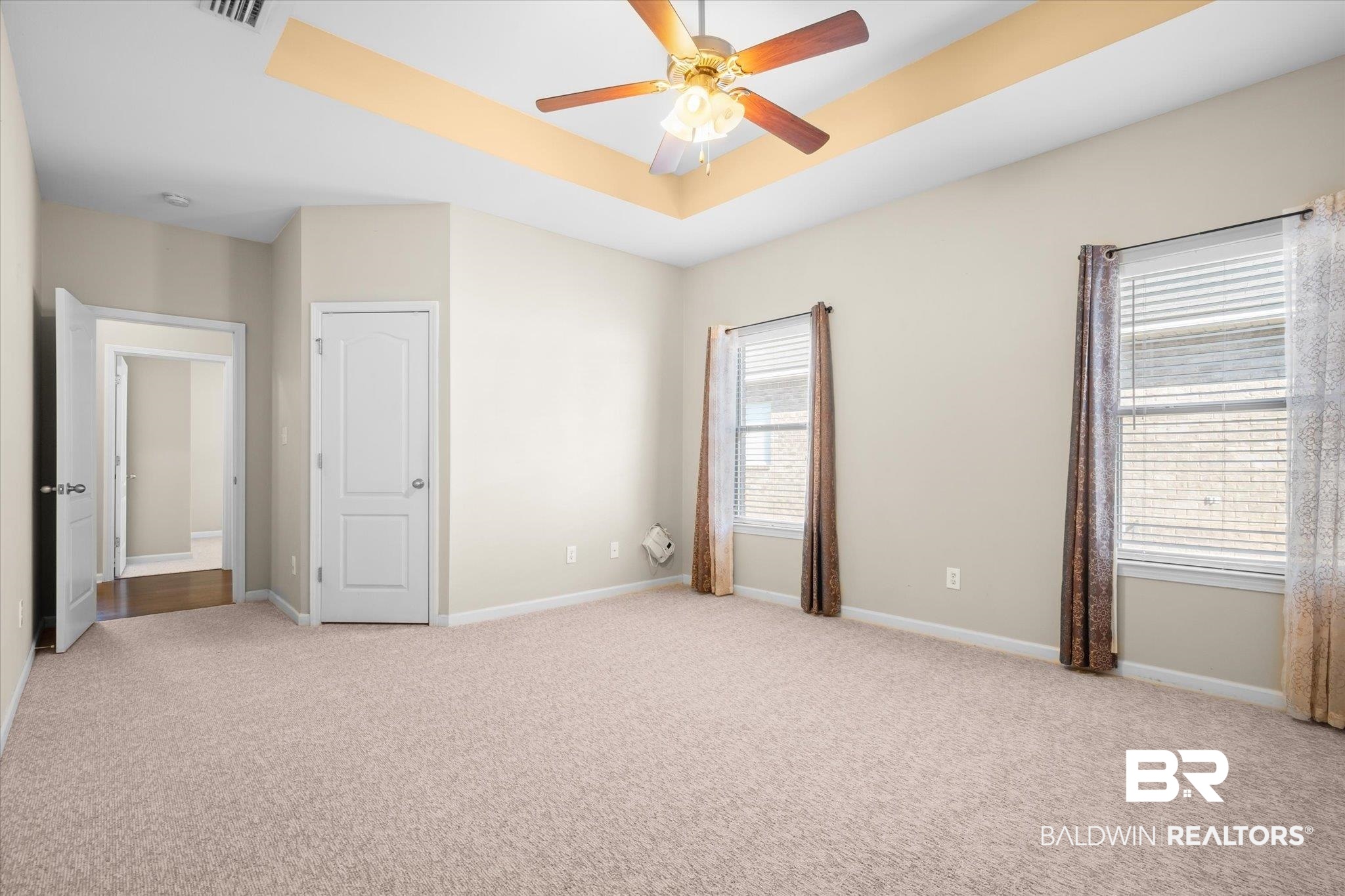 10251 Fionn Loop Daphne, AL 36526 - Photo 11 of 28 Carpeted empty room with a raised ceiling, ceiling fan, and a healthy amount of sunlight