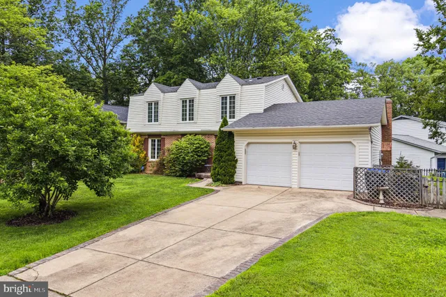 a view of a white house with a yard plants and large tree