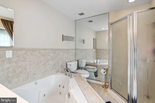 a bathroom with a bathtub and a toilet