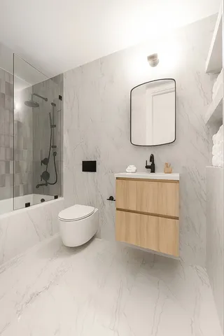 a bathroom with a double vanity sink toilet mirror and shower