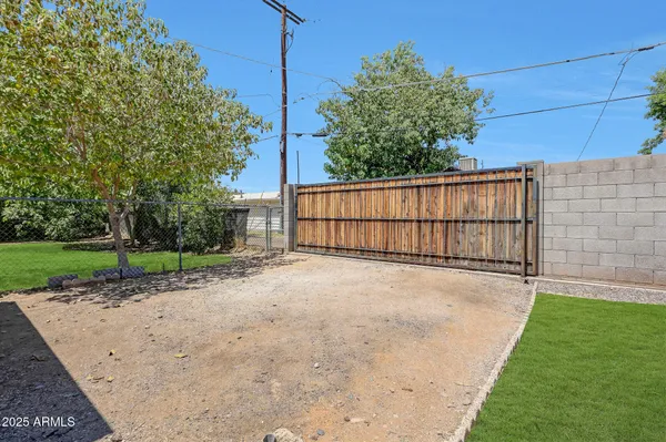 a view of a backyard with a tree