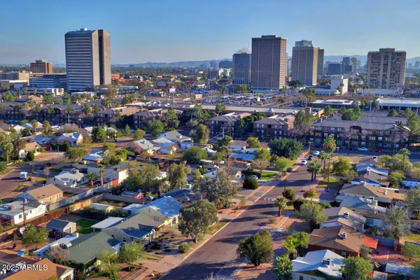 a view of a city with tall buildings