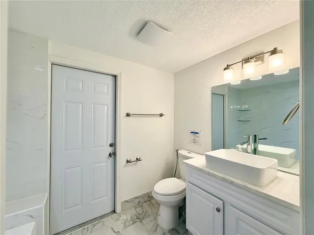a bathroom with a bathtub and a toilet