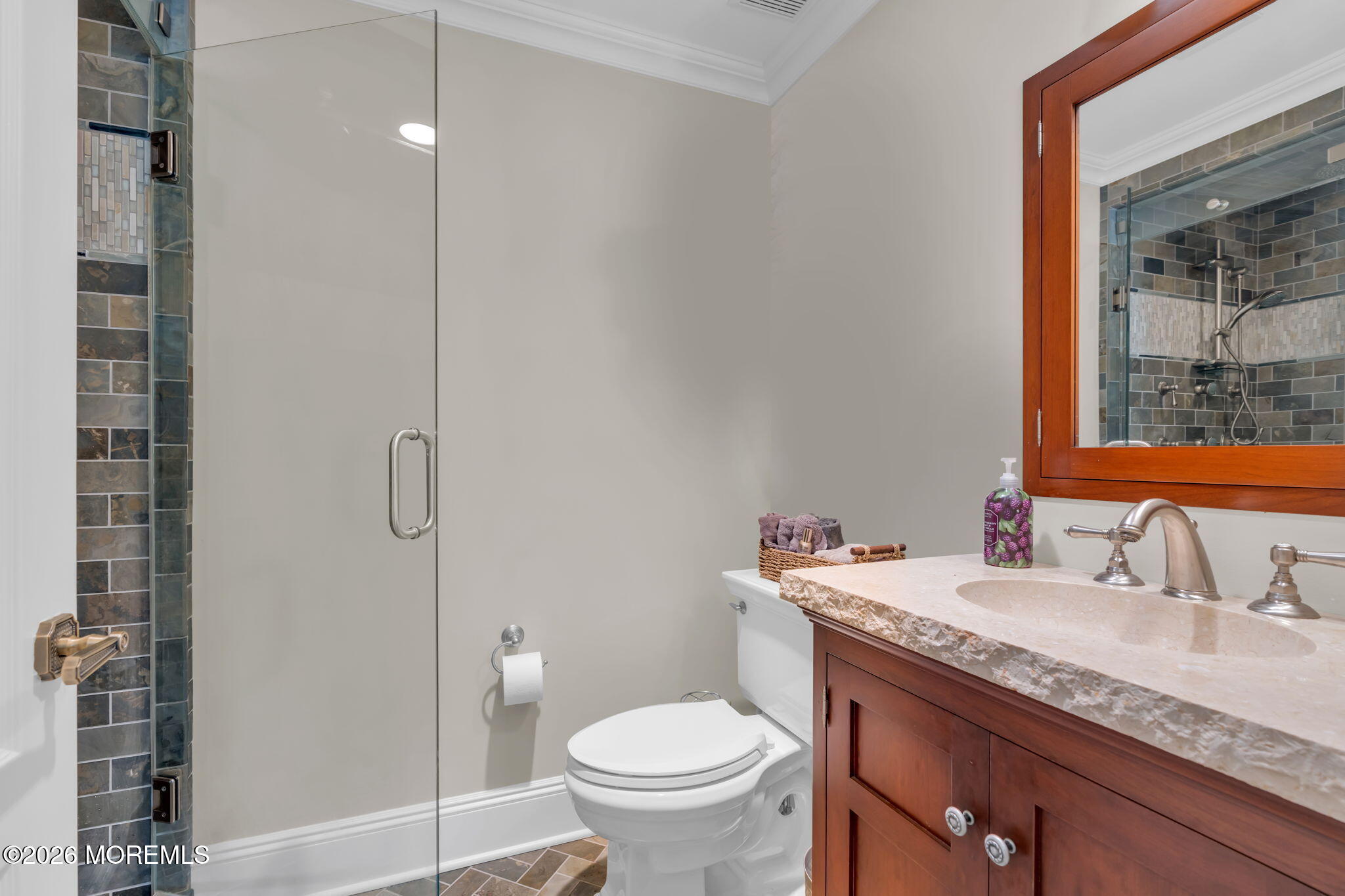 672 Winding River Road Brick, NJ 08724 - Photo 57 of 111 a bathroom with a granite countertop sink toilet and shower