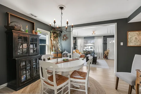 a view of a dining room with furniture
