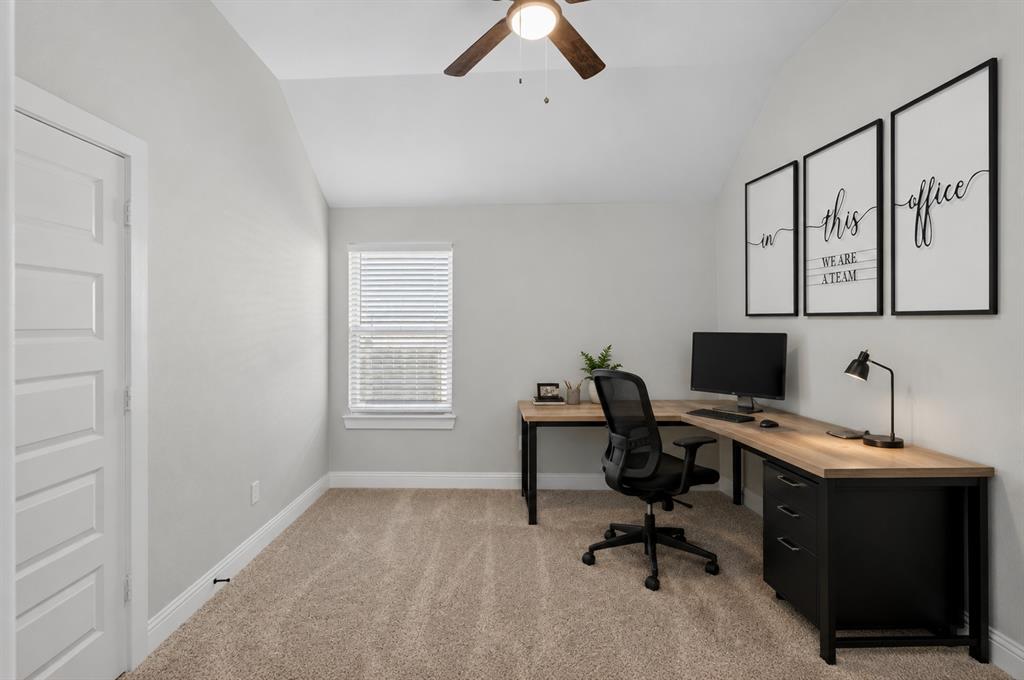 125 Maverick Lane Pilot Point, TX 76258 - Photo 16 of 28 Carpeted room featuring a ceiling fan, a window with blinds, and white trim