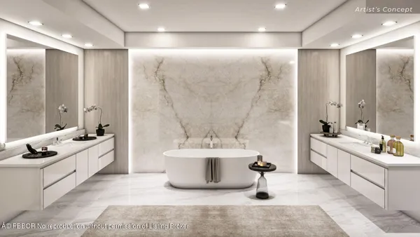 a spacious bathroom with a double vanity sink a mirror and a bathtub