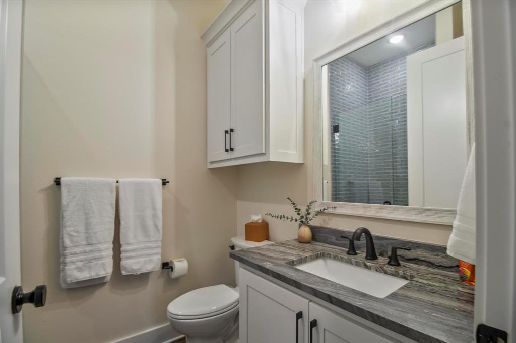 22240 Mallards Cove Bullard, TX 75757 - Photo 33 of 40 a bathroom with a granite countertop sink toilet a mirror and shower