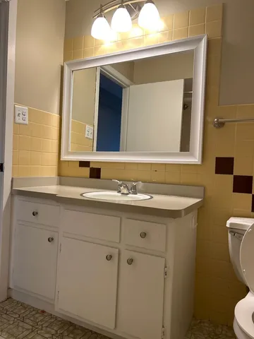 a bathroom with a sink a toilet and mirror