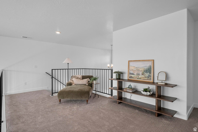 382 North Rhyolite Drive, Unit 111 Hurricane, UT 84737 - Photo 21 of 37 Spacious upper-level landing featuring a dark-toned wood-finish shelving unit, neutral-toned carpet, and a black wrought iron railing system