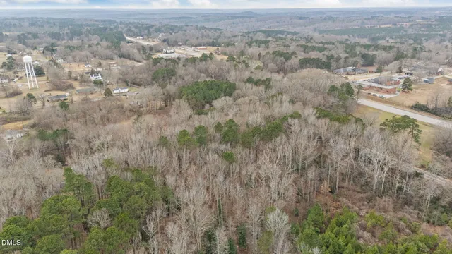 an aerial view of residential houses with outdoor space and trees