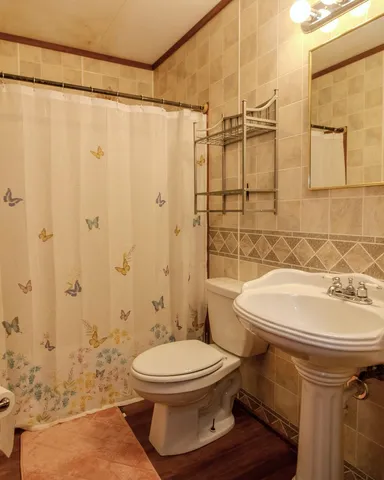a bathroom with a toilet sink and shower