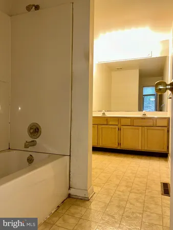 a bathroom with a tub a sink and a mirror