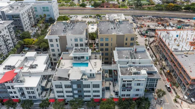 an aerial view of a building with balcony