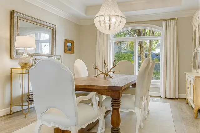a view of a dining room with furniture window and outside view