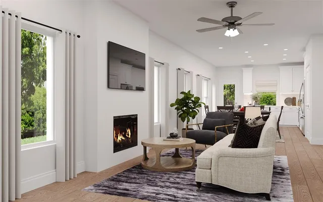 a view of a chairs and table in patio with a swimming pool