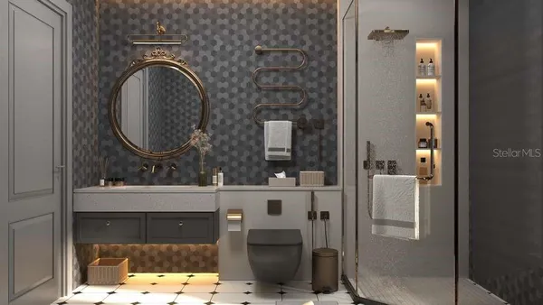 a living room with furniture and large windows