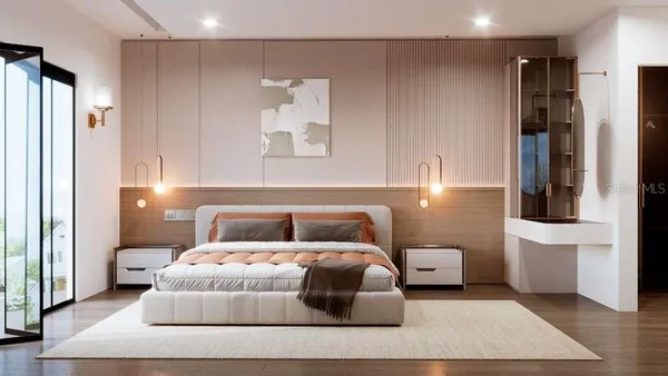 a bedroom with a bed and a night stand