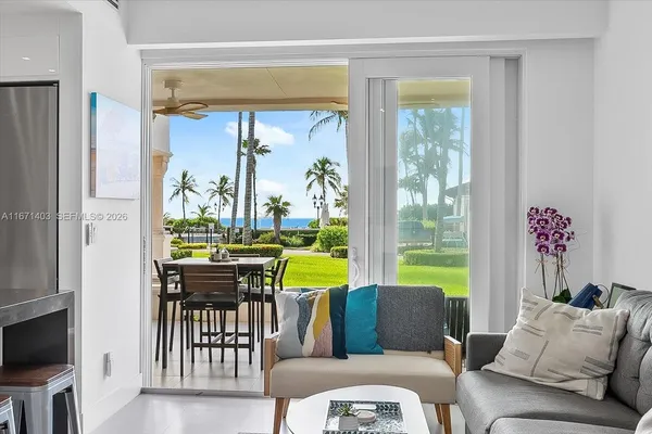 a living room with furniture and a floor to ceiling window