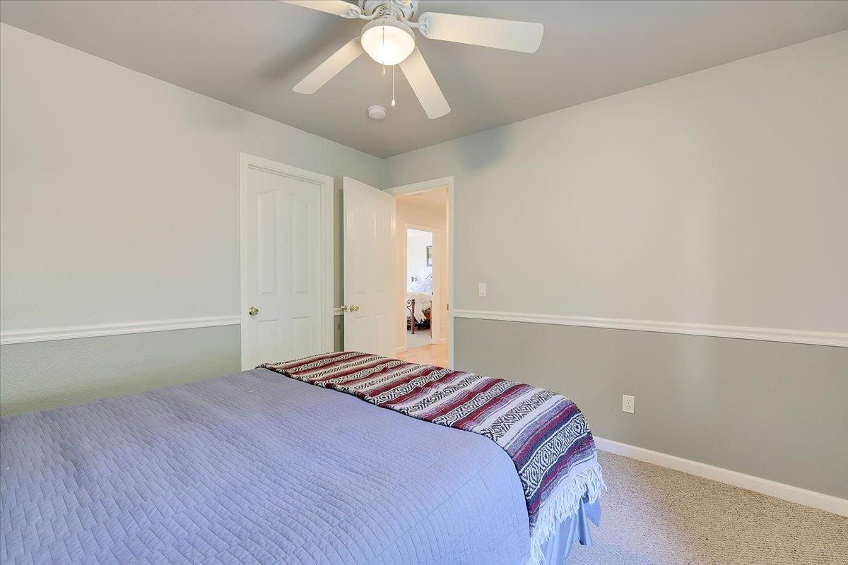 9521 Sicard Flat Road Browns Valley, CA 95918 - Photo 33 of 83 a bedroom with a bed and a chandelier fan