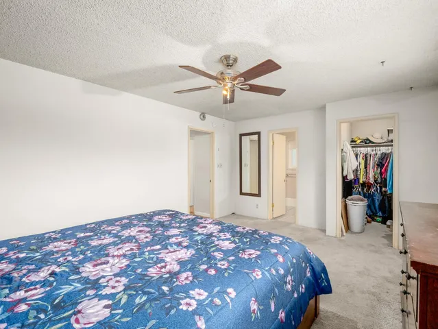 a bedroom with a large bed and a chandelier