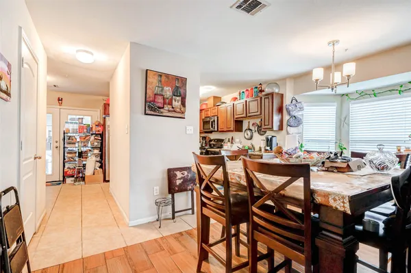 a view of a dining room with furniture