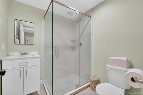 a bathroom with a toilet sink vanity and shower
