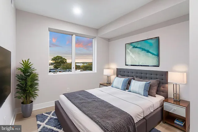 a bedroom with a large bed and a potted plant