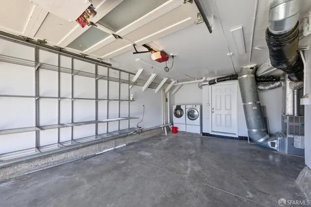 a view of a garage with rack and stairs