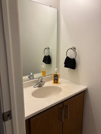 a bathroom with a sink and a mirror