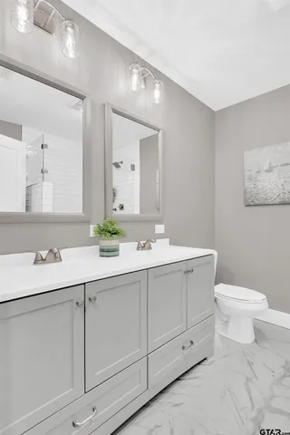 a bathroom with a toilet sink and mirror