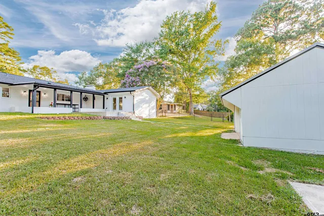 a house view with swimming pool in front of it