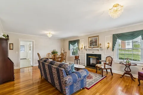 a living room with fireplace furniture and a wooden floor