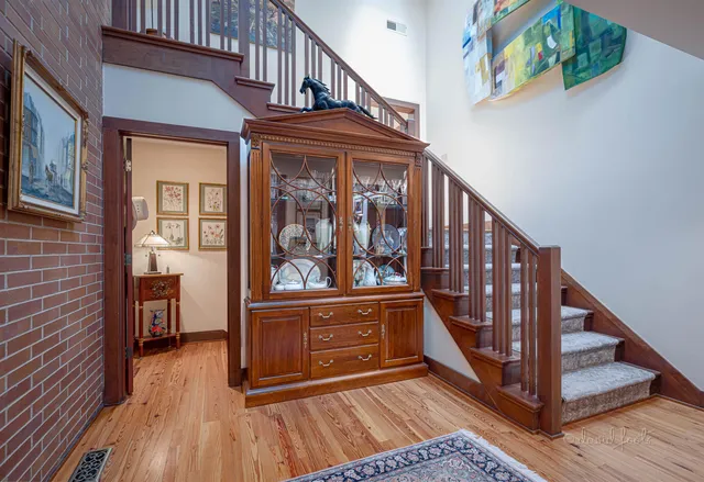 a garden view with a seating space