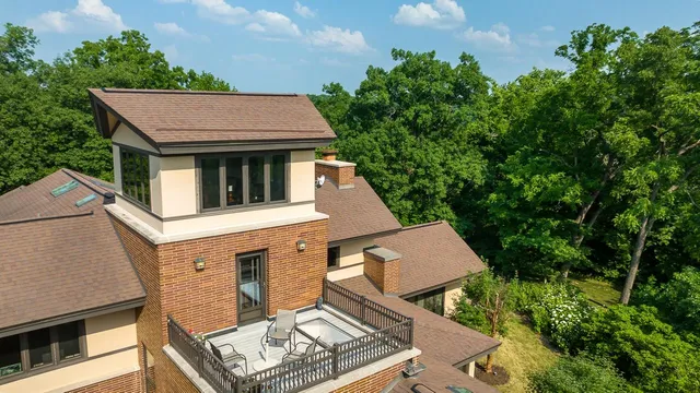 a aerial view of a house with a yard and potted plants