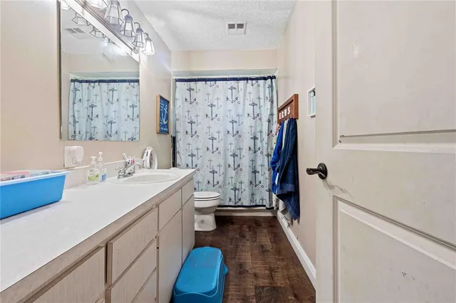 a bathroom with a sink a mirror a toilet and a shower