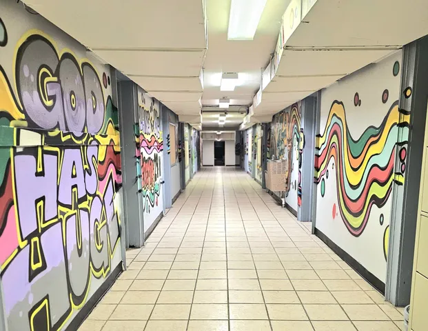 a view of a garage with door