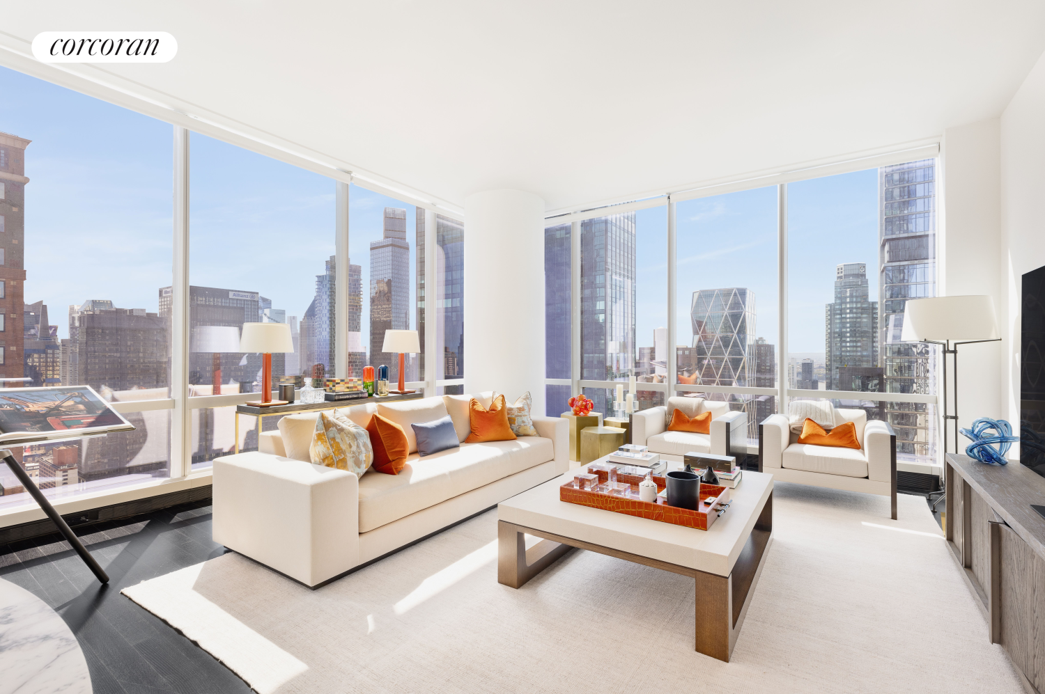 157 West 57th Street, Unit 45B Manhattan, NY 10019 - Photo 1 of 13 a living room with furniture and a large window