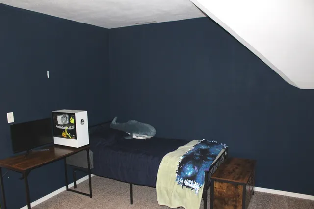 a room with black cabinets