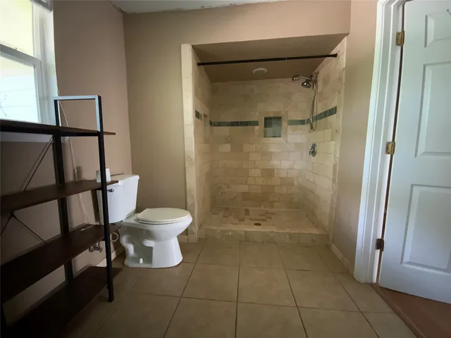 a bathroom with a shower and toilet