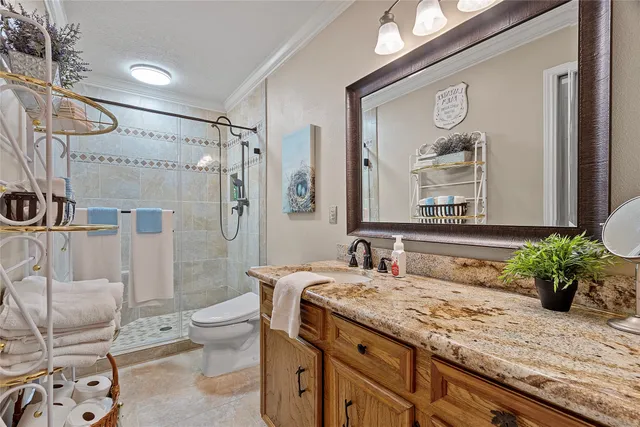 a bathroom with a granite countertop sink a toilet and shower