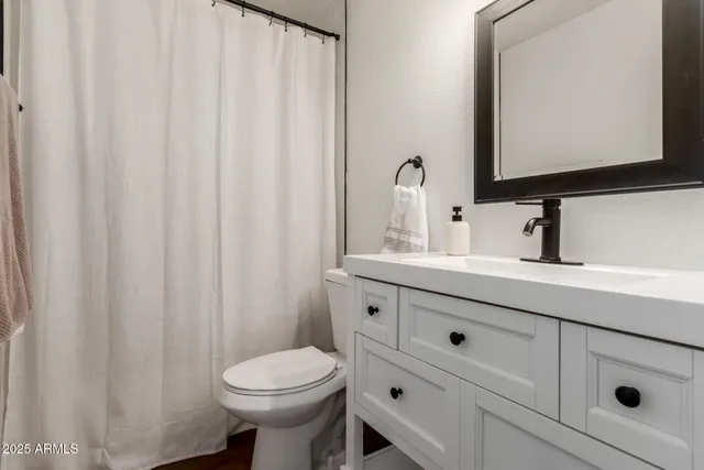 a bathroom with a sink a toilet and mirror