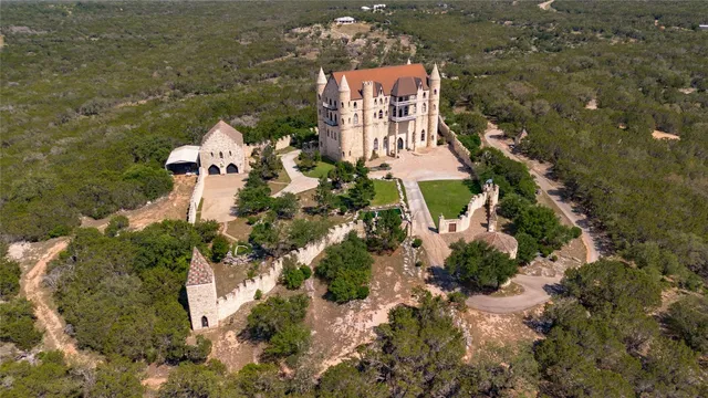 an aerial view of a house with a yard and lake view