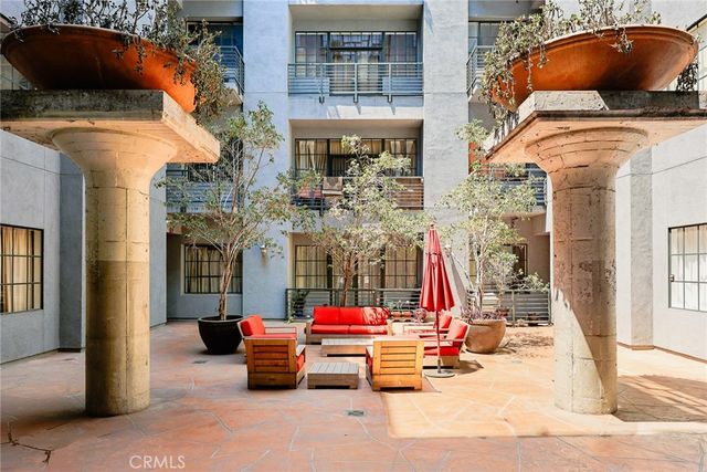 an outdoor space with seating