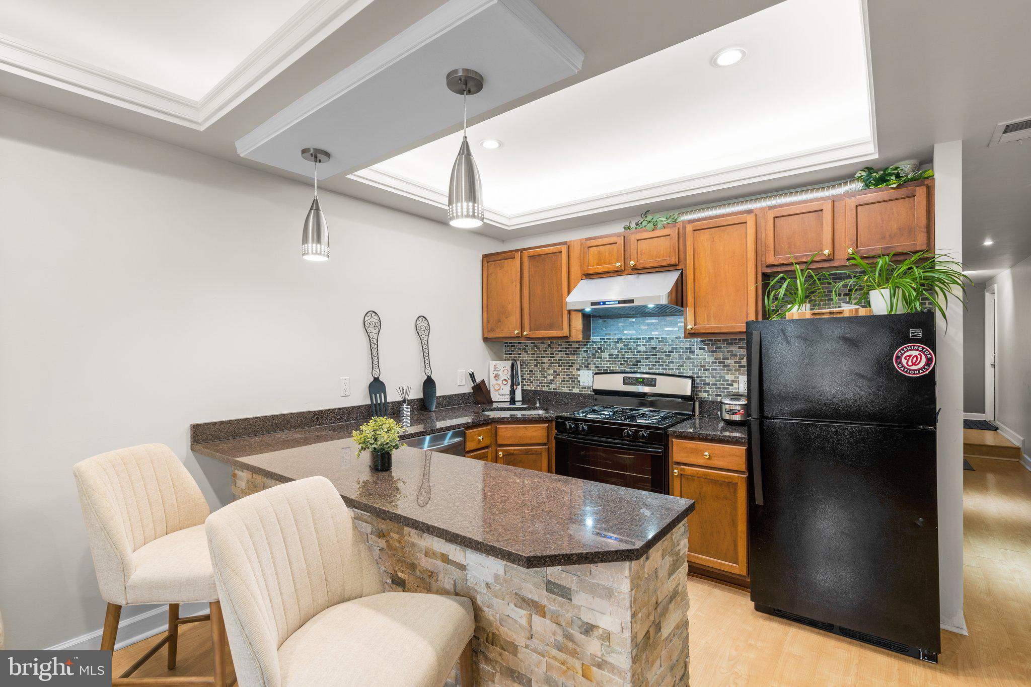 1658 West Virginia Avenue Northeast, Unit 101 Washington, DC 20002 - Photo 3 of 29 a kitchen with stainless steel appliances granite countertop a refrigerator a stove a sink dishwasher and a dining table with chairs